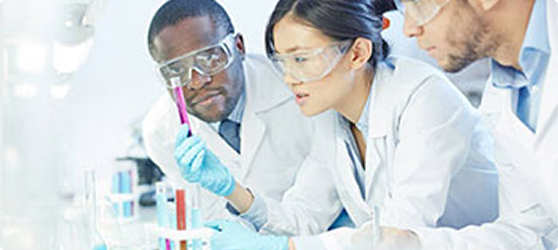Three scientists gathered to look at lab vials