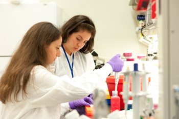 Dr. Bertola (left) and postdoctoral fellow Teresa Ramirez, Ph.D., prepare experiments together at the bench.