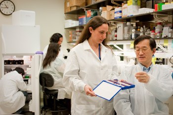 Dr. Bin Gao (right) and visiting fellow Adeline Bertola, Ph.D. (center), discuss microscope slides containing samples of liver tissues.