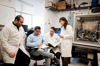 Mentoring early-career scientists is a primary focus of Bharti’s work in the lab: (left to right) Mostafa Lotfi, Kapil Bharti, Kiyoharu Josh Miyagishima, and Congxiao Zhang.