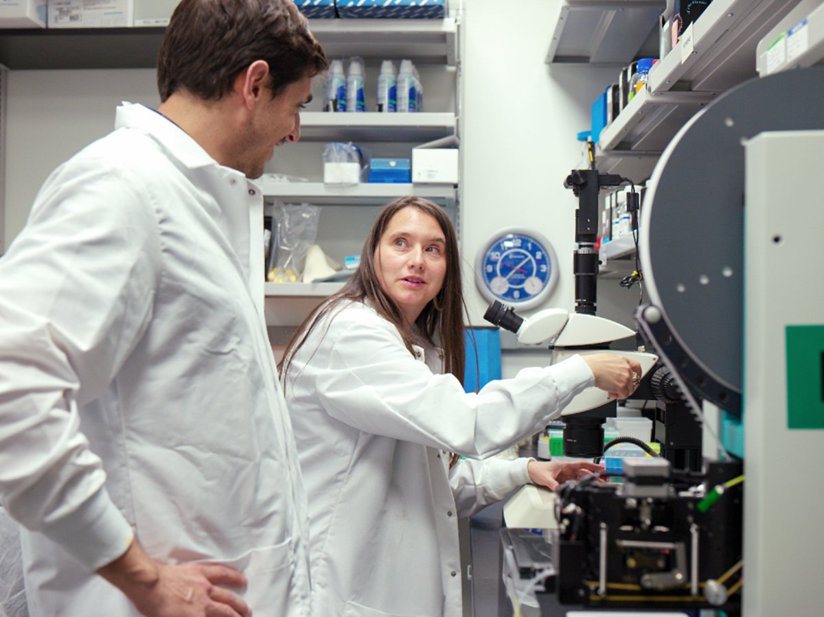 Postdoctoral Fellow Christopher Garnham and Dr. Roll-Mecak discuss crystals of a tubulin glutamylase, TTLL7, viewed under the microscope.