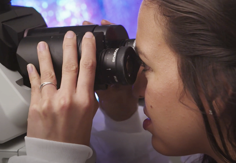 Postdoctoral fellow Sofia Beas peers through a microscope at some of the genetically modified neurons used in her experiments in Dr. Penzo’s lab.