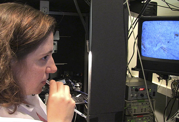 Postdoctoral fellow Julia Lemos uses suction to apply negative pressure that allows an electrode to fuse with a cell under a two-photon fluorescence microscope