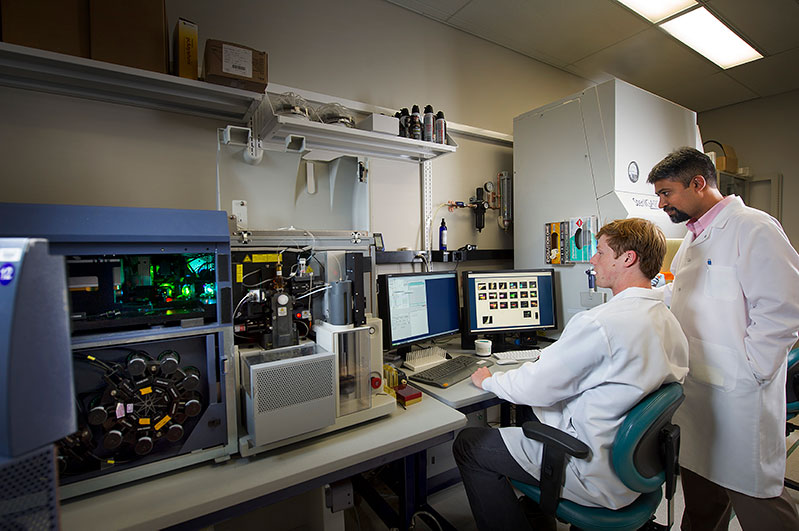 Graduate student Hugh Welles (left) and Pratip Chattopadhyay, Ph.D., discuss characteristics of sorted immune cells