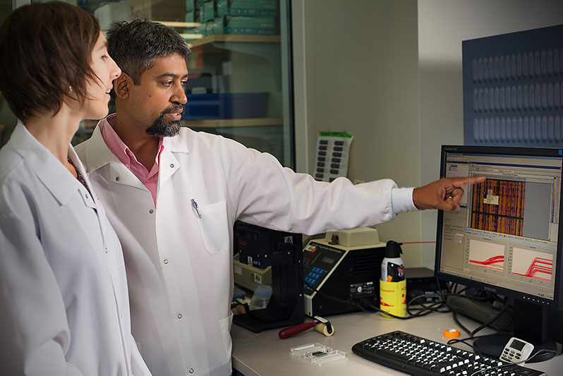 Drs. Bolton (left) and Chattopadhyay discuss results from a gene expression experiment using 96 cell samples