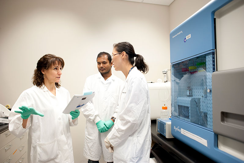 Myriam Gorospe, Ph.D., Amaresh Panda, Ph.D. (center) and Rong Guo, Ph.D. (right) plan next experiments involving RNA sequencing