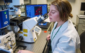 Postdoctoral fellow Elyssa Monzack, Ph.D., uses a spinning disk confocal microscope to image living hair cells and supporting cells.
